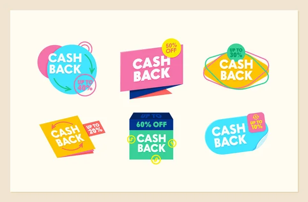 Set of Cashback Icons, Money Refund, Cash Back Concept. Creative Labels, Tags or Stickers with Dollar Coins, Geometric Colorful Badges Shop Service. Cartoon Vector Illustration, Banner with Typography — Stock Vector