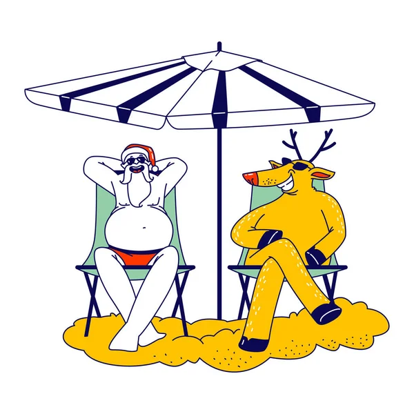 Weihnachtsmänner und Rentierfiguren sitzen auf Stühlen unter Sonnenschirmen und entspannen sich am Tropical Beach oder bei einer Poolparty. Weihnachtsurlaub, Weihnachtsfeier. Lineare Vektorillustration — Stockvektor