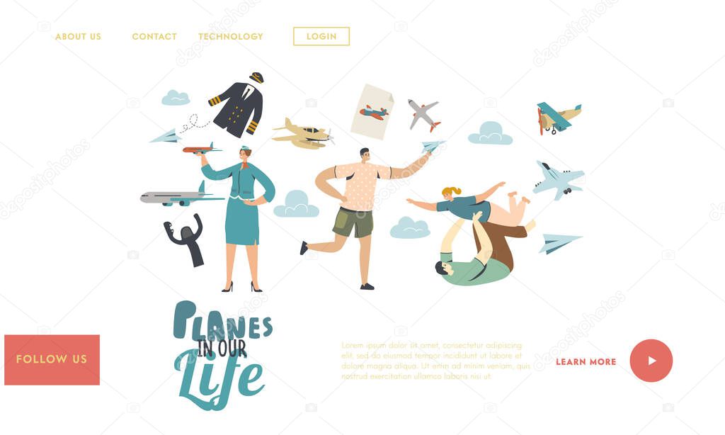 Planes Landing Page Template. Adult Man Playing with Child, Male Character Run with Paper Airplane in Hand. Stewardess, Flight Attendant, Air Hostess Girl in Uniform. Linear People Vector Illustration