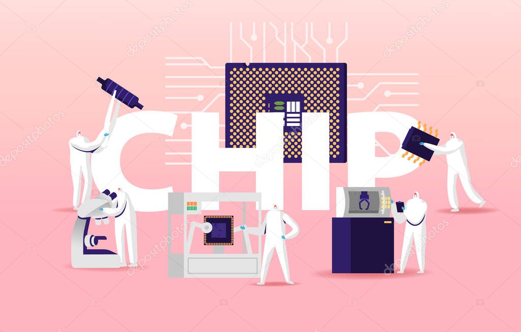 Manufacture of Chips Semiconductors Concept. Manufacturing Facility Team of Scientist Characters Set up Programs on Industrial 3D Printer Poster Banner Flyer. Cartoon People Vector Illustration