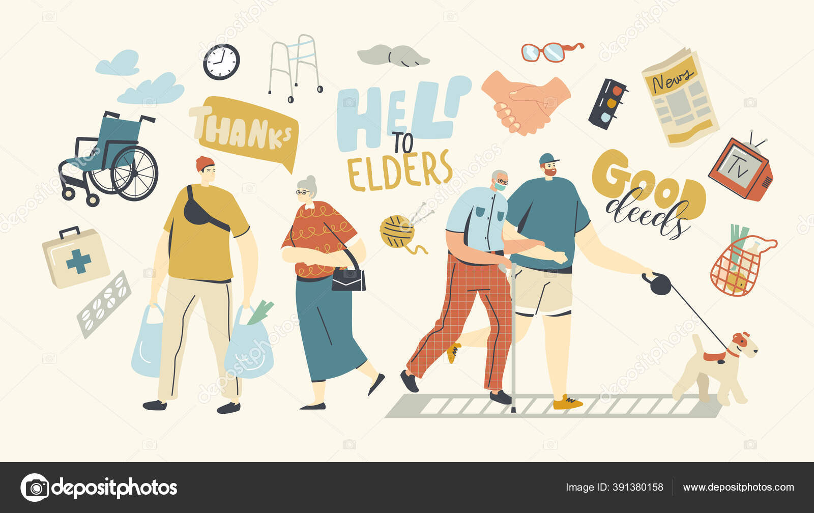 Personagens jovens ajudam idosos. Velho Homem Segura a Mão do Menino  Caminhando com Cão Juntos. Adolescente