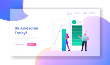 Yaratıcı Stüdyo Çalışma Süreci İniş Şablonu. Şirket Logotype Oluşturmak için Müşteri Siparişi Grafik Tasarımcısı. Küçük Kadın Karakteri Üçgen Logo Sembolünü Boyuyor. Çizgi film İnsanları Vektör İllüstrasyonu