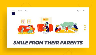 Bebek İlk Adım İniş Sayfa Şablonu. Anne ve Baba Karakterleri Çocuk Yürüyüşüne Yardım Ediyor. 