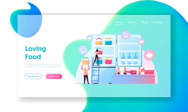 Yarı bitmiş Ürün İniş Şablonu. Minik İnsanlar Dondurulmuş Yiyecekleri Büyük Buzdolabına koyuyor. Şef Karakterler Doğal Taze Sebzeler Pişiriyor ve Dondurucu Et, Çizgi Film Vektör Çizimi