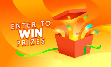 Enter, win, prize, banner, open, gift, box, konfeti, havai fişek, color, orange, background, gişe, promo, festival, store, reklam, promosyon, kumar, game, cartoon, vector, illustration