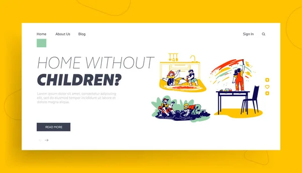 Plantilla de landing page para niños sucios. Niños traviesos personajes hacen lío, niños y niñas jugando en charco, engañando en casa vertiendo harina en el suelo, mal comportamiento. Personas lineales Vector Ilustración — Vector de stock