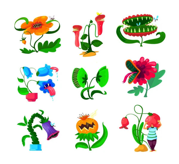 2009 년 1 월 1 일에 확인 함 . Set of Monster Plants Icons, Dangerous Tropical Flowers, Alien Creatures with Sharp Teeth and Poisthaliva Isolated on White Background. 소름끼치는 사냥꾼 이 꽃을 피운다. 카툰 Vector Illustration — 스톡 벡터