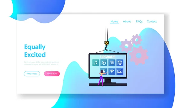 Program Upgrading Landing Page Template. Karakter Wanita Kecil di Huge Computer Desktop Touching App Buttons to Upgrade Applications, Building Crane Pull Up Pc Monitor. Ilustrasi Vektor Kartun - Stok Vektor