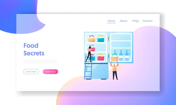 Полуфабрикаты Refrigeration, шаблон домашней еды Landing Page. Крошечные персонажи стоят на лестнице Положите замороженные продукты в контейнеры для огромного холодильника. Вектор карикатурных людей — стоковый вектор
