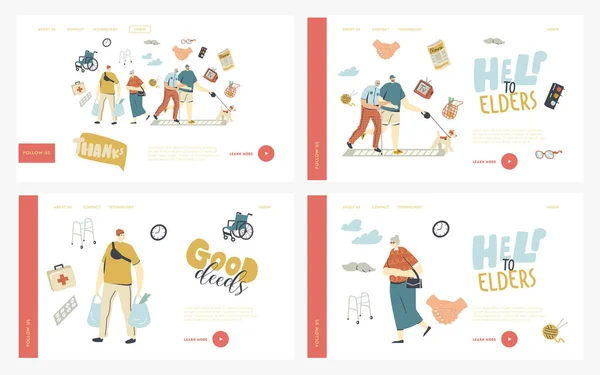 Jonge personages helpen Senioren Landing Page Template Set. Old Man Hold Hand of Boy lopen met hond samen. Tiener draagtas met producten voor oudere vrouw. Mensen Goede deals. Lineaire vectorillustratie — Stockvector