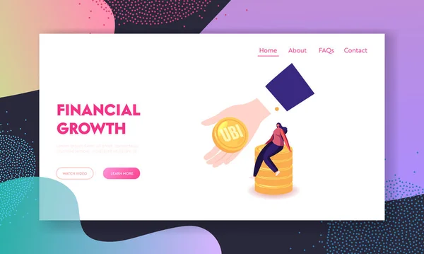 Universele Basic Income Landing Page Template. Kleine vrouw zitten op stapel van gouden munten, Enorme Hand geven UBI Coin. Vrouwelijk karakter Get Money Cash, Financiële Winst of Salaris. Cartoon Vector Illustratie — Stockvector