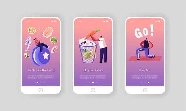 Διατροφή αποτυχία Mobile App Σελίδα επί του σκάφους Πρότυπο οθόνης. Μικροσκοπικοί χαρακτήρες απορρίπτουν τα υγιεινά γεύματα Lifestyle Προτιμούν να τρώνε λιπαρά τρόφιμα και να ρίχνουν υγιεινά γεύματα για να καλάθι Concept. Εικονογράφηση διάνυσμα κινουμένων σχεδίων — Διανυσματικό Αρχείο