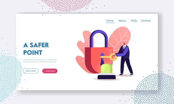 Ochrona, Bezpieczeństwo, Ochrona własności prywatnej Landing Page Template. Mały męski znak Zamknij na Klucz Ogromna kłódka z sygnalizacją. Tajemnica, bezpieczna ochrona, obrona domowa. Ilustracja wektora kreskówek — Wektor stockowy