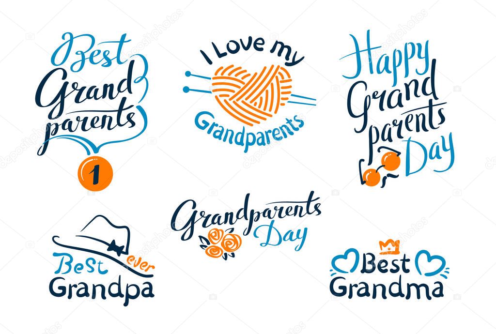 Set Happy Grandparents Day Emblems, Labels, Icons and Signs with Lettering for Greeting Card, Banner, T-shirt or Logo Design. Best Grandpa, Grandma for Social Media or Print. Vector Illustration