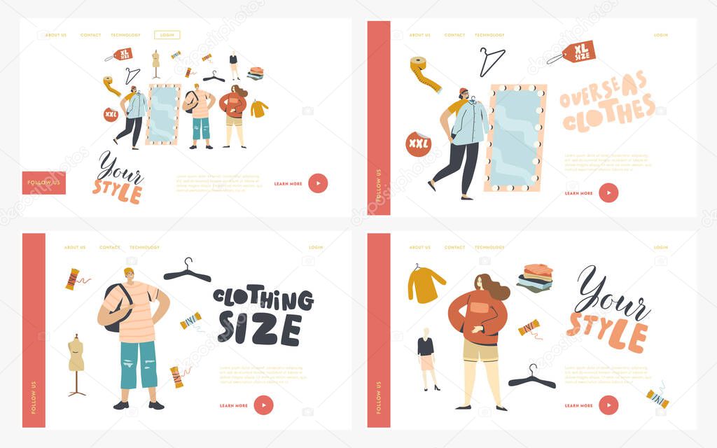 Shopping, Characters Buy Oversize Clothes Landing Page Template Set. Plus Size Woman Choose Fashioned Dress in Store. Fat Girl Stand at Mirror Try on XL Apparel. Linear People Vector Illustration