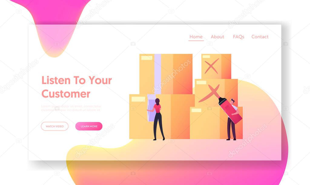 Claim Customer Character Dissatisfied with Dealer Service Landing Page Template. Woman Wrapping Boxes with Adhesive Tape, Man Put Red Cross Marks Rejecting Goods. Cartoon People Vector Illustration