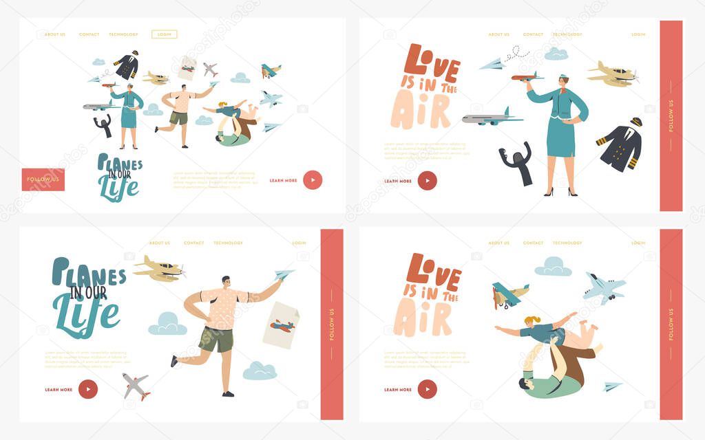 Planes Landing Page Template Set. Male Character Run with Paper Airplane in Hand. Adult Man Playing with Child, Stewardess, Flight Attendant, Air Hostess in Uniform. Linear People Vector Illustration