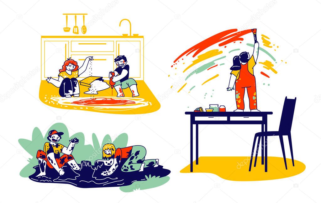 Naughty Hyperactive Children Characters Making Mess, Little Boys and Girls Playing in Dirty Puddle, Kids Fooling at Home Pouring Flour on Floor. Babies Bad Behaviour. Linear People Vector Illustration
