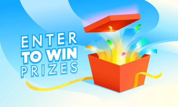 Entrar para ganhar prêmios Banner. Abra a caixa de presente vermelha com fogos de artifício Confetti no fundo azul. Raffle, Lotaria Promo Poster. Promoção de loja festiva, jogos de casino de jogos de azar. Desenhos animados Vector Ilustração —  Vetores de Stock