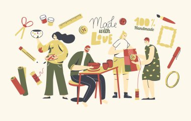 El yapımı hobiyi seven insanlar. Bir şeyler dikip dekore eden karakterler, toprak, seramik çanak çömlek ya da çömlek.