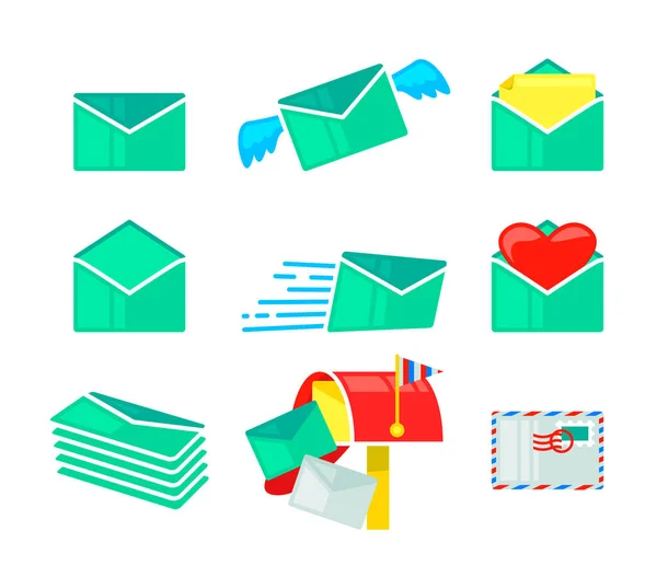 Set sobres iconos, cubiertas de papel cerradas y abiertas, paquete de cartas con alas para documentos comerciales y mensajes de amor , — Vector de stock