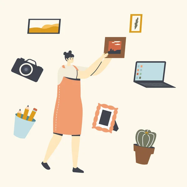 Young Woman with Various Things for Workplace Laptop, Female Character with Photo Camera and Picture, Pencils and Cactus — 스톡 벡터