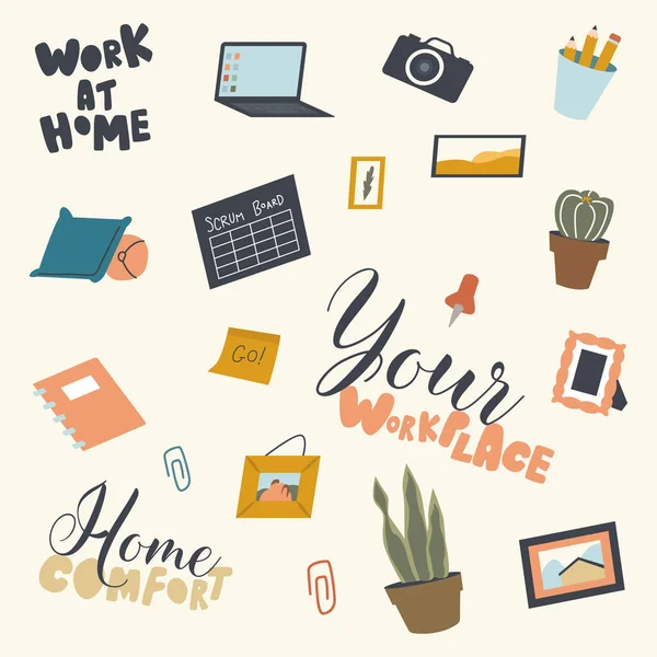 Set of Various Things for Workplace and Home Comfort Laptop, Photo Camera and Picture, Pencils and Cactus, Potted Plant — 스톡 벡터