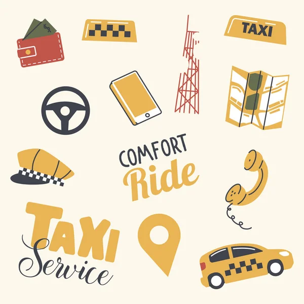 Set di icone del servizio taxi Driver Giallo Cap, Dama auto, Smartphone e mappa della città, Volante auto, Retro Telefono — Vettoriale Stock