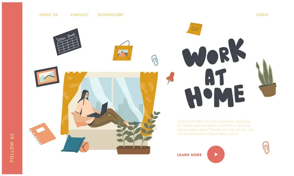 Remote Workplace, Freelance Self-Employed Occupation Landing Page Template. Женщина-фрилансер, аутсорсинг — стоковый вектор