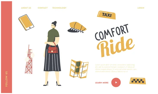 Servizio Taxi Landing Page Template. Carattere passeggero donna con conducente cappuccio giallo, pedine, smartphone e mappa della città — Vettoriale Stock