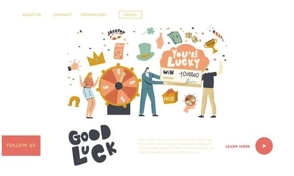 Geluk en Geluk Landing Page Template. Personages winnen in Loterij, Draw Raffle. Gelukkige mensen vieren financieel succes — Stockvector
