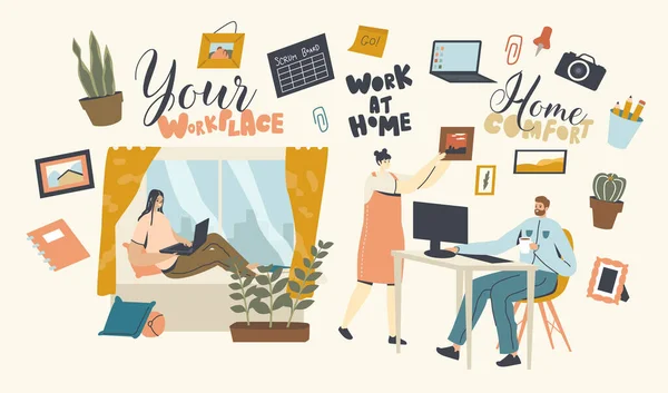 Мужчины и женщины-фрилансеры или персонажи офисных работников, работающие на ноутбуке или ПК, сидящие на удаленном или стационарном рабочем месте — стоковый вектор