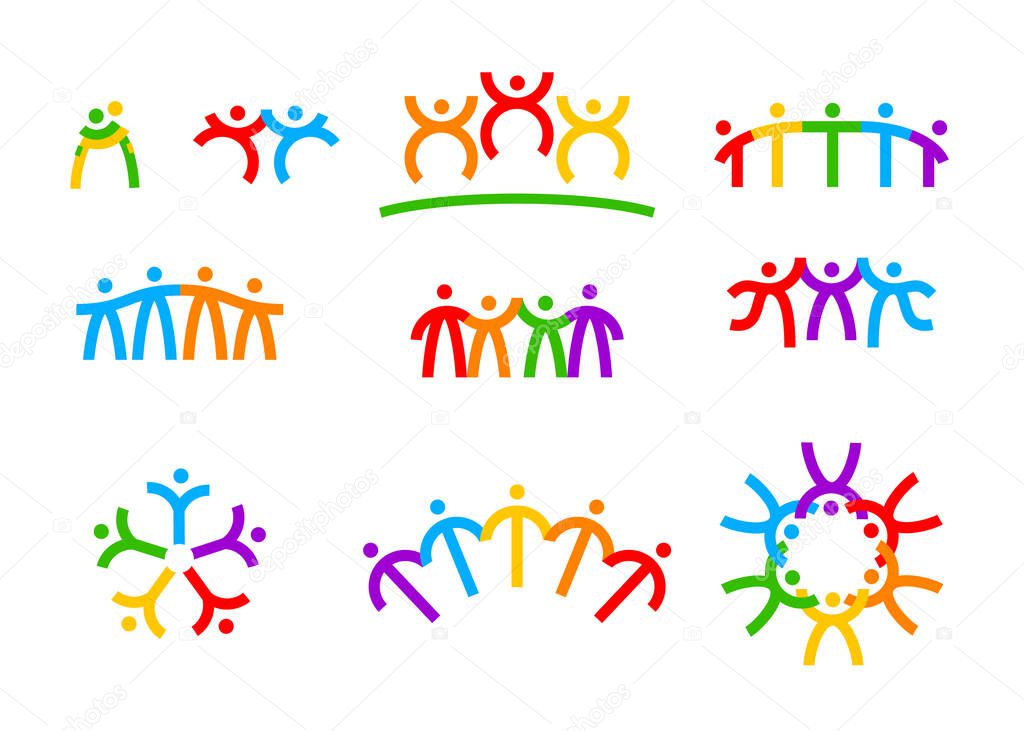 Set of Friendship Icons Isolated on White Background. Society, Unity, Brotherhood and Human Relation Concept with Colorful People Figures Hugging and Rejoice Together. Cartoon Vector Illustration