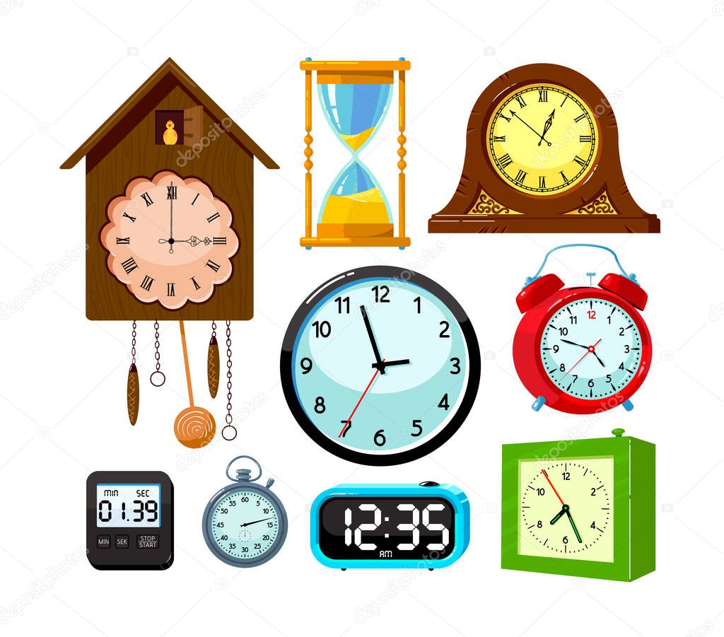 Set of Clocks Icons Isolated on White Background. Cuckoo Clock, Sand Hourglass and Electronics Watch with Digital Dial, Alarm and Stopwatch. Time Measuring Equipment. Cartoon Vector Illustration