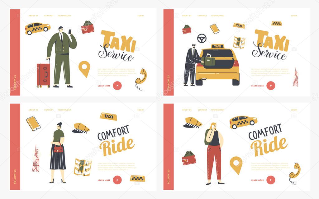 Characters Call Taxi Service Landing Page Template Set. People Ordering Car Using Application or Catching on City Street