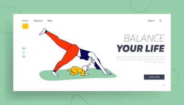 Çocuk İniş Sayfası Şablonuyla Yoga Sınıf Çalışması. Yoga Duruşunda Kadın Karakteri Evde Bebekle Egzersiz Yapıyor