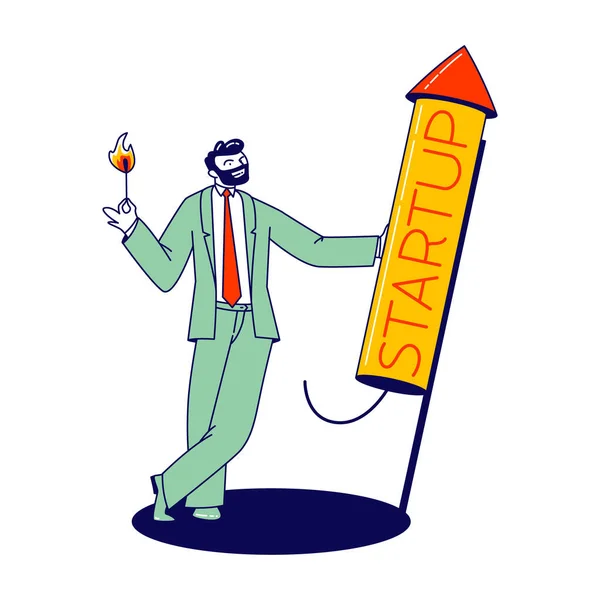 Cheerful Businessman Burning Startup Petard Wick. Projeto de trabalho masculino do lançamento do caráter do trabalhador de escritório, foguete de voo acima — Vetor de Stock