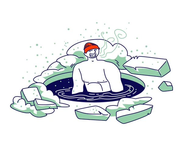 Manlig karaktär simning i ishål i vintersäsongen. Människan temperament, Delta i religiösa ortodoxa kyrkan heliga trettondagen — Stock vektor