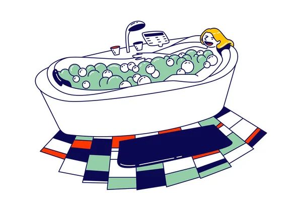 Mulher Relaxe em Jacuzzi Bath com bolhas em Spa Hotel ou em casa. Happy Female Character Higiene e Beleza Procedimento —  Vetores de Stock