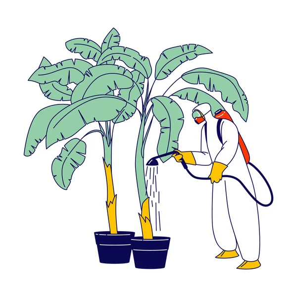 Trabajador en traje de protección y máscara de fertilización de la palmera en el trabajo de plantación de plátanos en el país tropical cultivando frutas — Archivo Imágenes Vectoriales