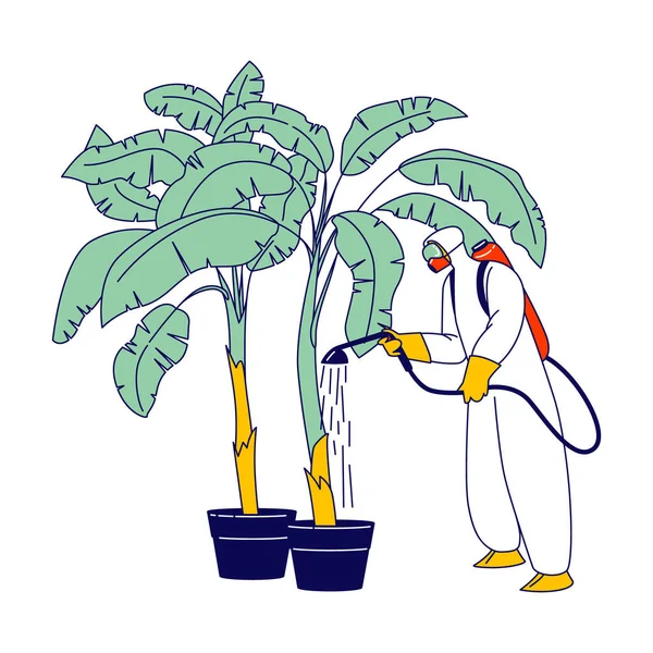 Trabajador en traje de protección y máscara de fertilización de la palmera en el trabajo de plantación de plátanos en el país tropical cultivando frutas — Vector de stock