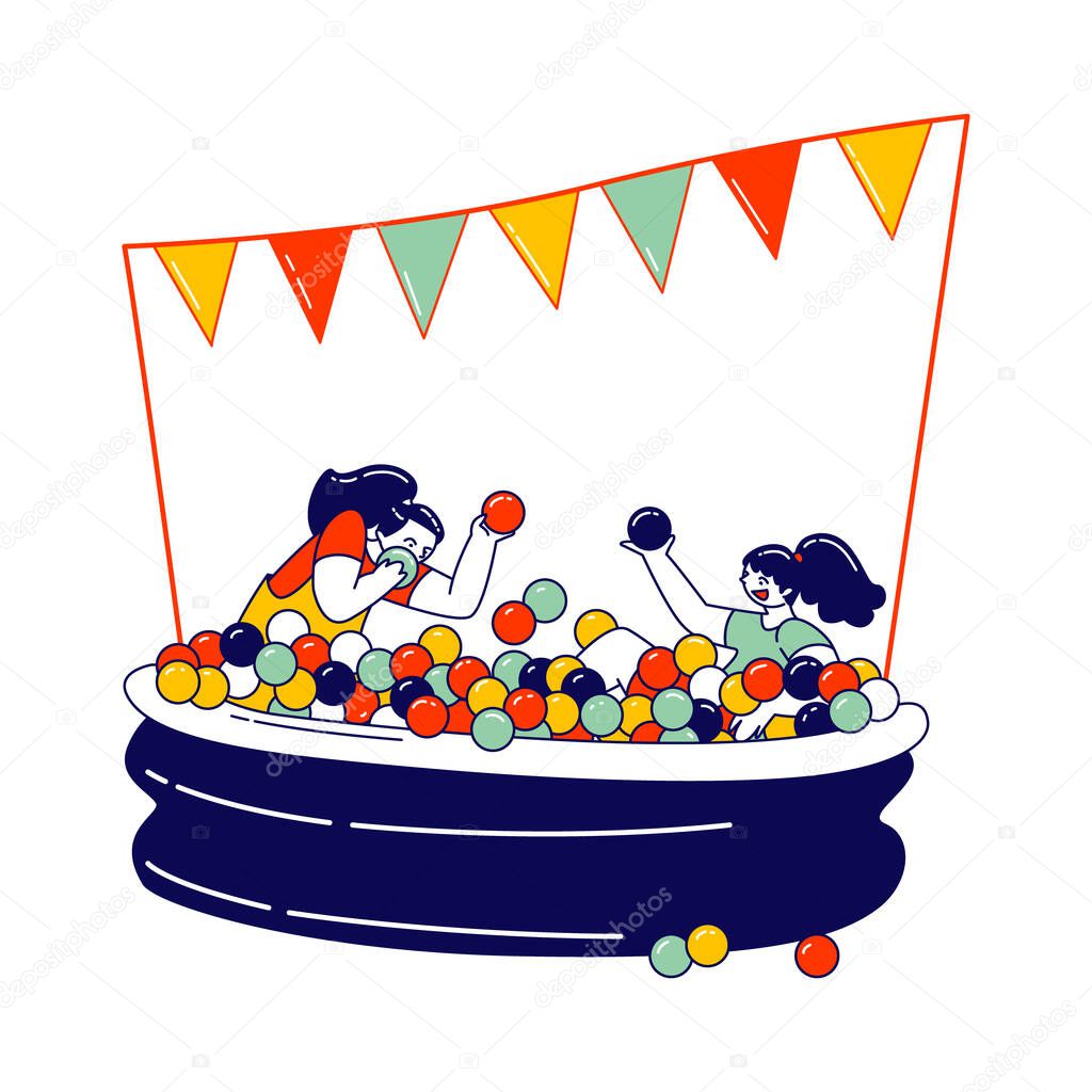 Happy Children Characters Fooling in Dry Ball Pool, Little Girls Visiting Amusement Park. Cheerful Kids on Playground