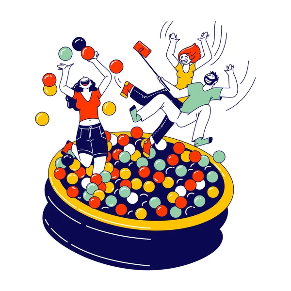 Glada vänner tecken lura i torr boll pool hoppa och slappna av under födelsedagen händelse eller besöka nöjespark — Stock vektor
