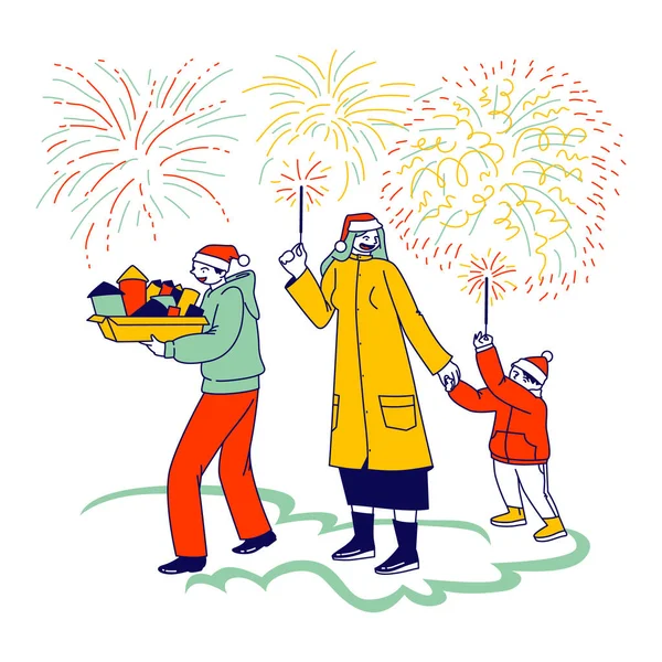 Happy Family postavy matka a děti těší ohňostroj venkovní na Vánoce nebo Nový rok svátky — Stockový vektor