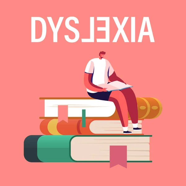 Disleksi Bozukluğu, Hastalık Teşhisi. Ders kitabı ile Küçük Öğrenci Erkek Karakteri Büyük Kitapların Üzerine Oturur — Stok Vektör