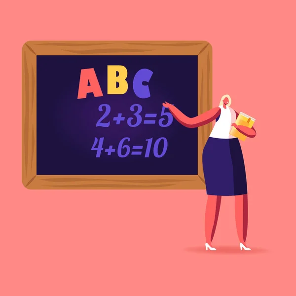 Женский персонаж учителя с указателем объяснить Abc и математики урок на доске с задачами, написанными с мелом — стоковый вектор