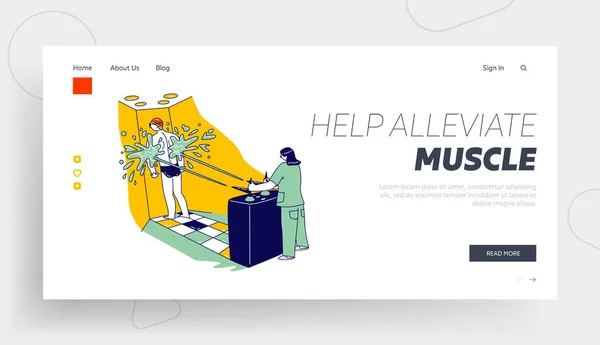 Manlig karaktär tillämpa Hydromassage landning sida mall Man har högtrycksmassage med Charcot dusch i Sanatorium — Stock vektor