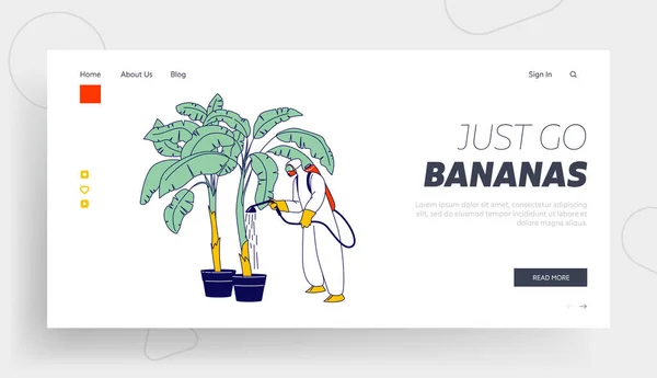 Personaggio operaio fertilizzante Banana Palm Tree Landing Page Template. Lavoro dei lavoratori in campagna tropicale Cura dei frutti — Vettoriale Stock