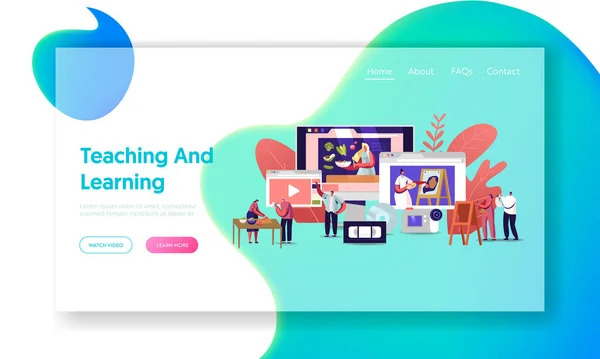 Personajes Ver Vídeo Cursos Obtener Educación en Línea Plantilla de Landing Page. Estudiantes aprenden a través de clases de observación por Internet — Archivo Imágenes Vectoriales