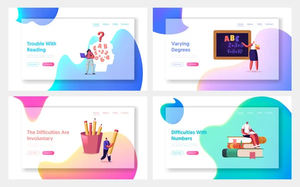 Kinder mit Legasthenie-Störung Landing Page Template Set. Kleine Kinder lernen zuhören Lehrer vor der Tafel — Stockvektor